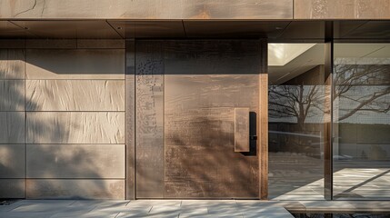 Contemporary pivot door with a textured finish and inset handle