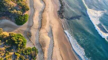 Wall Mural - An aerial view of a beach showing distinct zones for recreation and wildlife protection, marked by natural rope barriers.