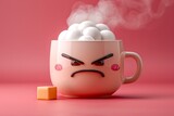 Fototapeta  - A pink mug of coffee with a steaming mad face on it.