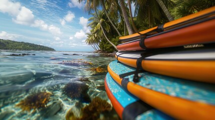 Wall Mural - An array of stand-up paddleboards (SUPs) stacked against a tropical backdrop, with palm trees and crystal clear waters.