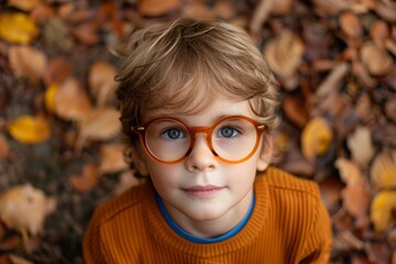 Young boy with orange glasses in autumn leaves