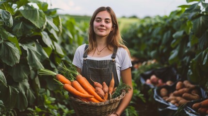 Wall Mural - Bountiful Harvest: The female farmer standing in her farm field, surrounded by rows of lush green plants, holding a basket filled with freshly picked carrots and sweet potatoes. Generative AI