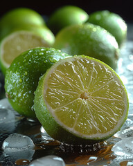 Wall Mural - Lime - green lemon in the ice. Photo of fresh juicy bright citrus for magazines, backgrounds, covers, web pages. cold fresh green lime on ice. Green citrus fruit lime  in slices