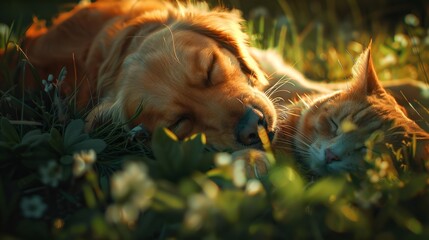 Wall Mural - Closeup of a dog and a cat sleeping chilling relaxing together on a fresh green spring or summer meadow, illuminated by the sun. Generative Ai. hyper realistic 