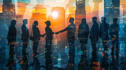 Double exposure image of many business people conference group meeting on city office building in background showing partnership success of business deal. Concept of teamwork, trust and agreement.