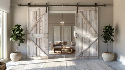 Wall Mural - Sliding barn doors with white-washed wood panels and brushed nickel hardware