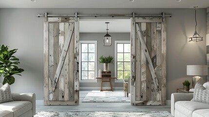 Wall Mural - Sliding barn doors with white-washed wood panels and brushed nickel hardware