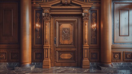 Wall Mural - Traditional wooden door with a carved architrave and decorative molding