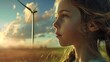 Portrait of a hopeful for the future girl kid letting see a wind turbine for green energy and CO2 emission reduction hyper realistic 