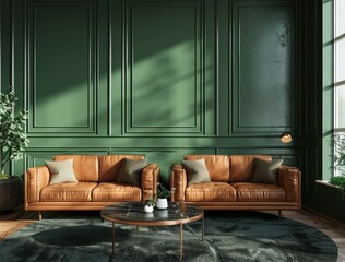 living room interior mockup background in green color with two brown leather sofas and coffee table near wall with paneling, black carpet on wooden floor. Minimalist home decor style