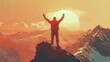 Positive man celebrating on mountain top, with arms raised up, Generative AI illustration hyper realistic 