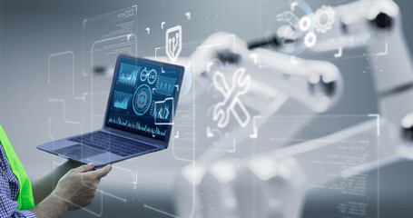 Software engineering using computer laptop designing programming code application softwares development using AI digital artificial intelligence, technology industry graphical icon, banner background.