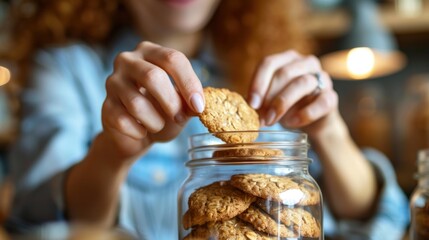 Close up of woman hand taking pastry oatmeal cookies snack from glass jar. Generated AI image