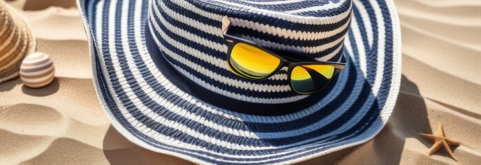 Hat and glasses on the sand. Banner, free space for text