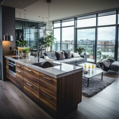 Canvas Print - Modern apartment interior design with city view