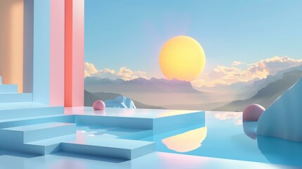 Wall Mural - Blue and pink pastel surreal landscape with a giant sun and mountains in the background