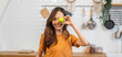 Portrait of beauty body slim healthy asian woman big smile cooking and preparing vegan food healthy holding apple, green apple, dental, teeth, fruit in kitchen at home.Diet.Fitness, healthy food