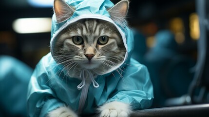 Wall Mural - Cat wearing a blue raincoat