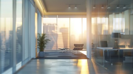 Canvas Print - Beautiful blurred background of a light modern office interior with panoramic windows and beautiful lighting. hyper realistic 