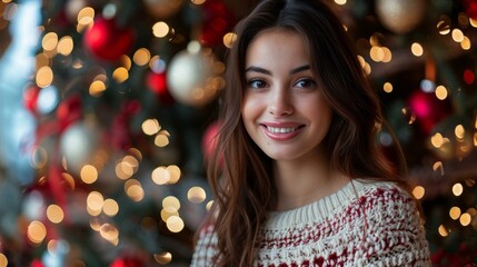 Poster - A beautiful young woman is smiling in front of a decorated Christmas tree.