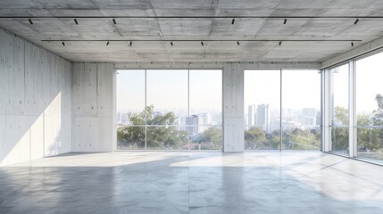 Wall Mural - Blank white wall in concrete office with large windows Mockup 3D rendering hyper realistic 