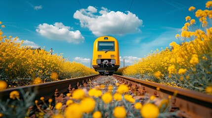 Yellow train passing through a field of yellow flowers