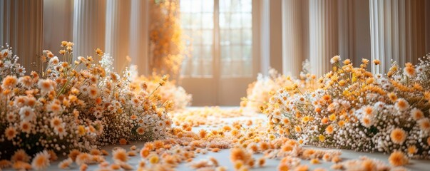Decorations with predominantly white floral backgrounds are suitable for wedding designs