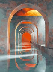 Wall Mural - Futuristic surreal corridor with arches and water, 3D rendering