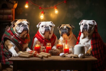 Four English bulldogs wearing Santa hats sit at a table decorated with Christmas lights.