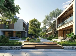 Courtyard between two modern houses with green garden