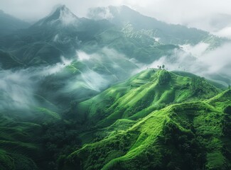 Wall Mural - Green hills and mountains landscape with fog
