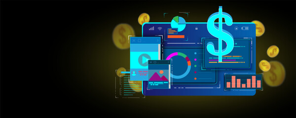Wall Mural - laptop technology background image, financial investment data graph concept