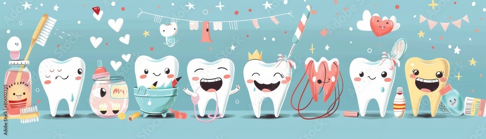 Childrens educational poster with cartoon teeth characters engaging in ...