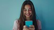 © Johannes - Portrait of positive cheerful girl use smart phone share social media news hyper realistic