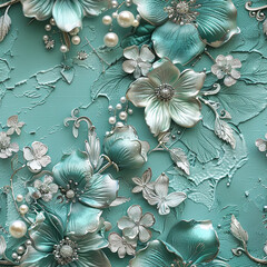 Beautiful 3D Teal and Silver Flowers and Pearls Victorian Lace Graphic, Seamless Pattern