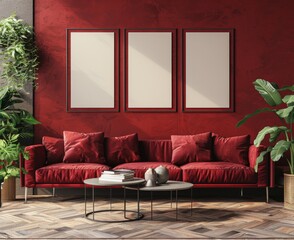 Modern interior design, living room with sofa and coffee table mock up, three vertical blank frames on the wall in the style of dark maroon color