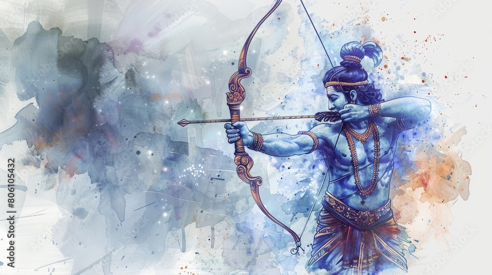 Watercolor illustration of lord rama with a bow and arrow for ram ...