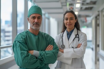 Wall Mural - Portrait of a male and female doctor in a hospital hallway