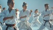 Women and men of different ages practice kata during group karate training hyper realistic 
