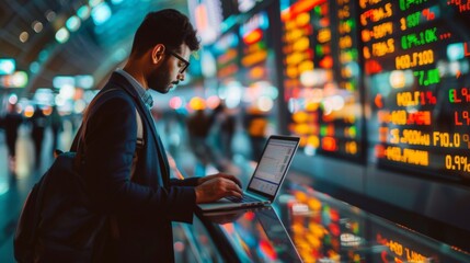 Aufkleber - A businessman checking stock prices on a laptop while traveling, staying connected to the market for timely investment decisions.