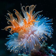 A Stunning Close-up Of A Pair Of Orange And White Sea Anemones With Their Tentacles Fully Extended