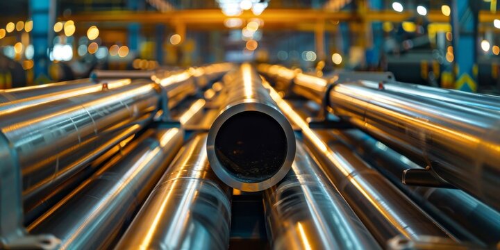 Bundles of steel pipes in a factory