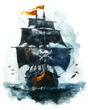 A pirate ship with a skull and crossbones on the side
