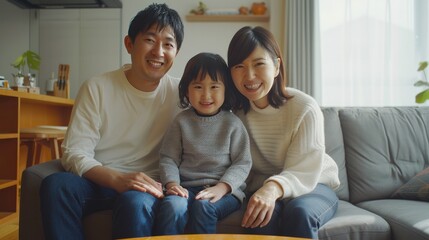 Wall Mural - Happy asian family sitting on the sofa in the living room, The mother and father with their daughter smiling at the camera, Wearing a white shirt, Grey sweater and blue jeans.