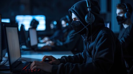 call center scammer concept. swindler criminals in black hood wearing mask and headsets and using co