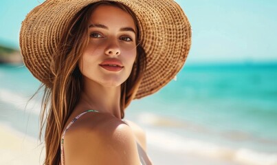 Beach vacation. Beautiful woman in sunhat and bikini enjoying summer trip, Generative AI