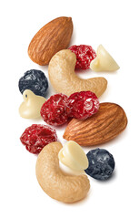 Wall Mural - Almond, cashew nut, dried blueberry and cranberry, white chocolate drops and yoghurt isolated on white background