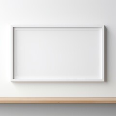 Canvas Print - White picture frame hanging on the wall above the wooden shelf