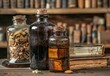 Glass bottles & old books adorn a scientist's table, evoking medicine, chemistry, pharmacy, & alchemy history. Labels translate to eyewash, morphine hydrochloride, & almonds.