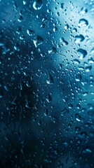 Raindrops on a window pane with a dark blue background